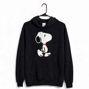 Peanuts Snoopy Black Hoodie Large 3D Crochet Patch Pullover Sweatshirt